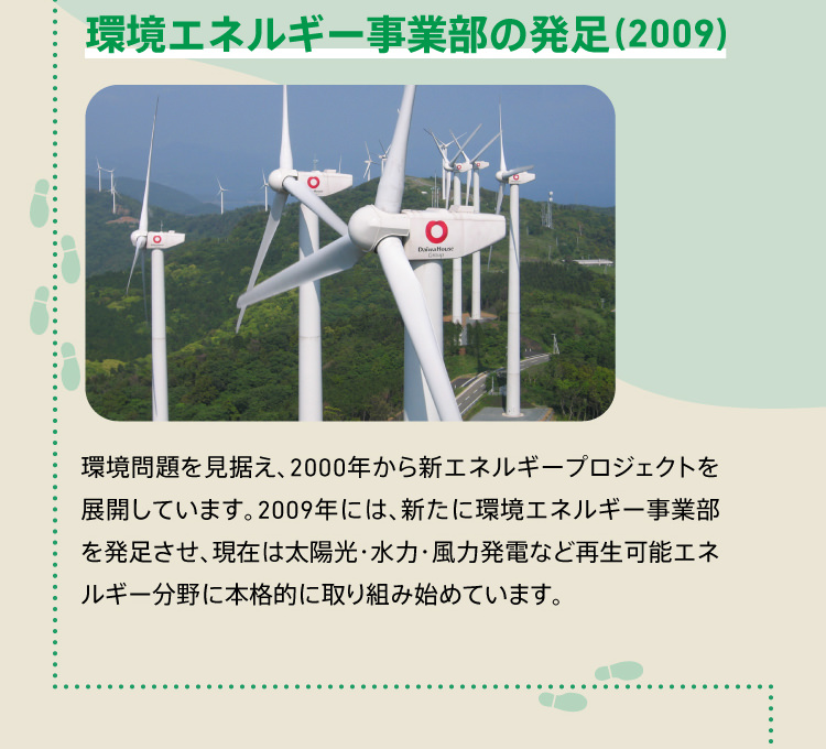 環境エネルギー事業部の発足（2009） 環境問題を見据え、2000年から新エネルギープロジェクトを展開しています。2009年には、新たに環境エネルギー事業部を発足させ、現在は太陽光・水力・風力発電など再生可能エネルギー分野に本格的に取り組み始めています。