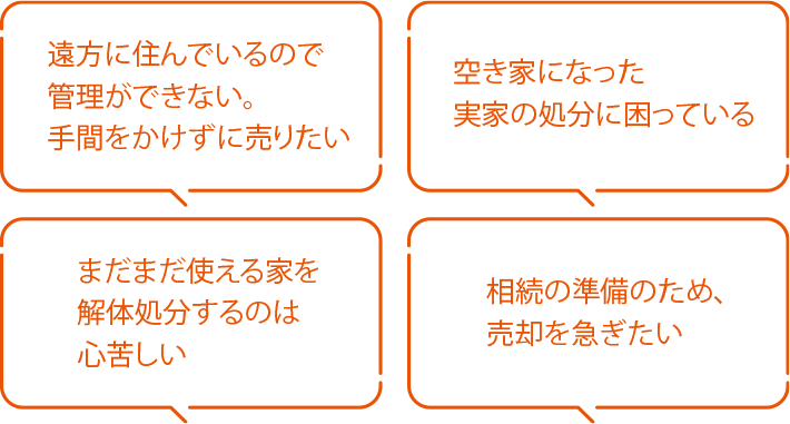 「遠方に住んでいるので管理ができない。手間をかけずに売りたい」「空き家になった実家の処分に困っている」「まだまだ使える家を解体処分するのは心苦しい」「相続の準備のため、売却を急ぎたい」