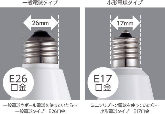 【一般電球タイプ】一般電球やボール電球を使っていたら…一般電球タイプ E26口金 【小形電球タイプ】ミニクリプトン電球を使っていたら…小形電球タイプ E17口金