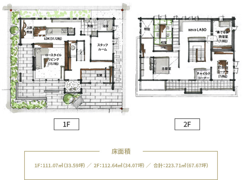 床面積…1F：111.07m²（33.59坪）／2F：112.64m²（34.07坪）／合計：223.71m²（67.67坪）