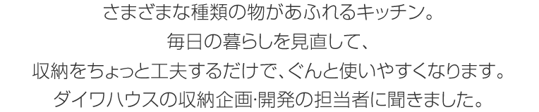 さまざまな種類の物があふれるキッチン。毎日の暮らしを見直して、収納をちょっと工夫するだけで、ぐんと使いやすくなります。ダイワハウスの収納企画・開発の担当者に聞きました。