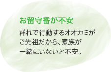 お留守番が不安 群れで行動するオオカミがご先祖だから、家族が一緒にいないと不安。