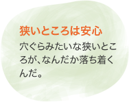 狭いところは安心 穴ぐらみたいな狭いところが、なんだか落ち着くんだ。