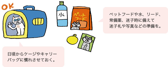 日頃からケージやキャリーバッグに慣れさせておく。/ペットフードや水、リード、常備薬、迷子時に備えて迷子札や写真などの準備を。