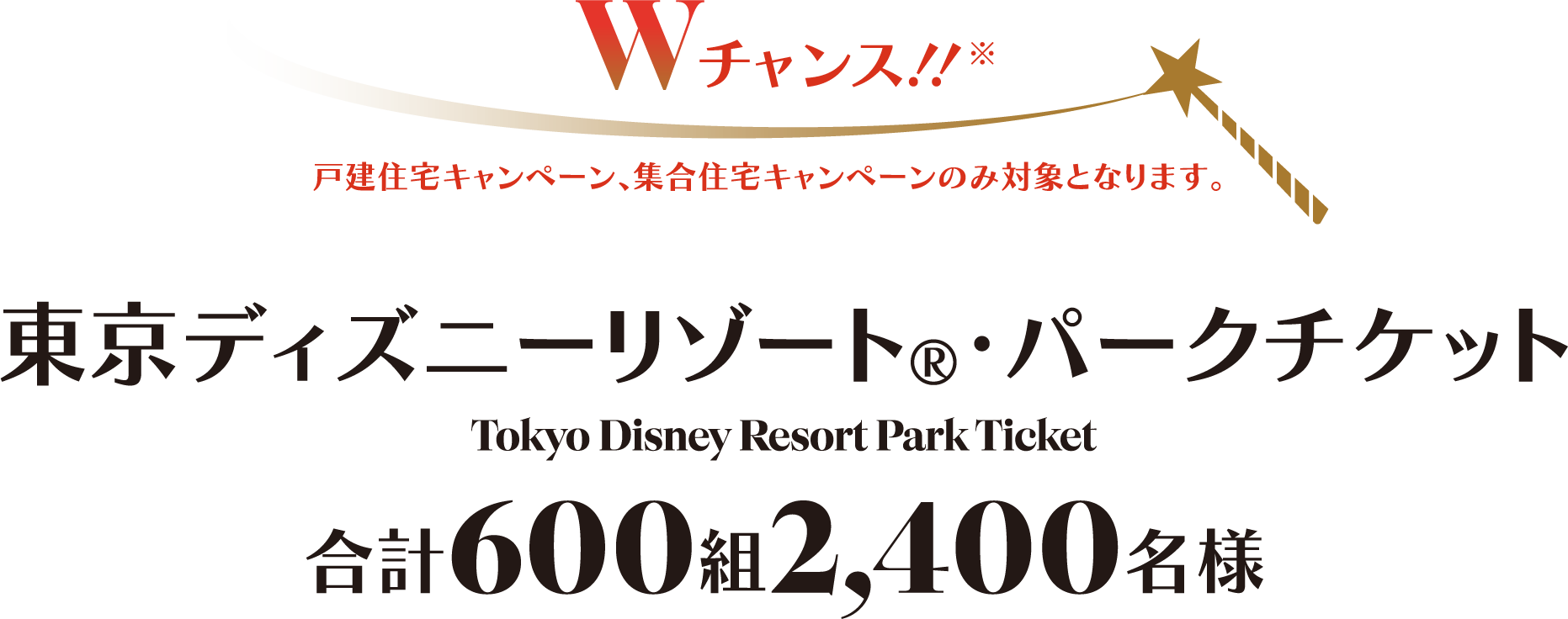 Wチャンス！！ 戸建住宅キャンペーン、集合住宅キャンペーンのみ対象となります。 東京ディズニーリゾート®・パークチケット Tokyo Disney Resort Park Ticket 合計600組2,400名様