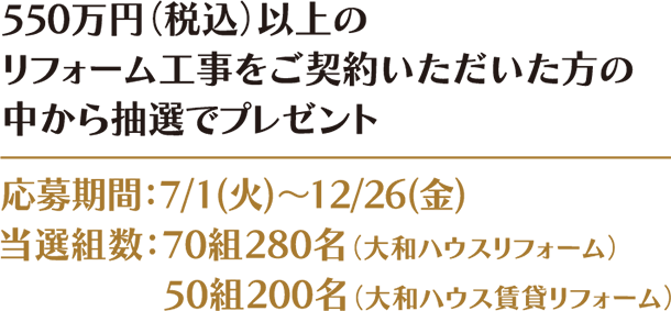 550万円（税込）以上のリフォーム工事をご契約いただいた方の中から抽選でプレゼント 応募期間：7/1(火)～12/26(金) 当選組数：70組280名（大和ハウスリフォーム） 50組200名（大和ハウス賃貸リフォーム）