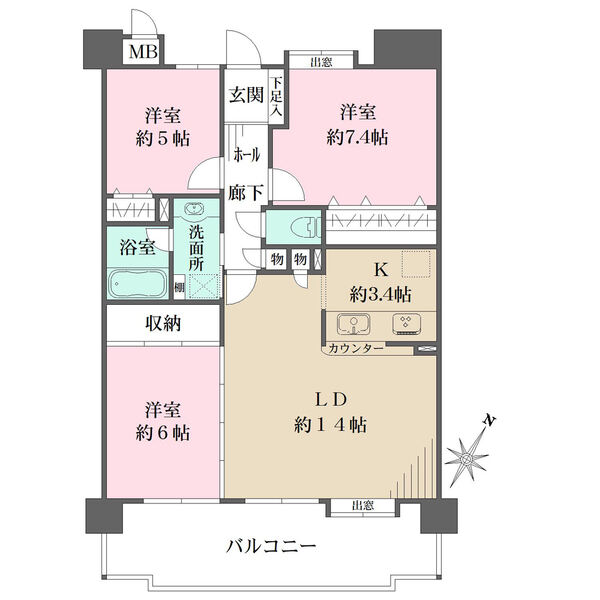 2部屋がバルコニーに面しています。LDKは合わせて約17.4帖、隣接する洋室との一体利用が可能。