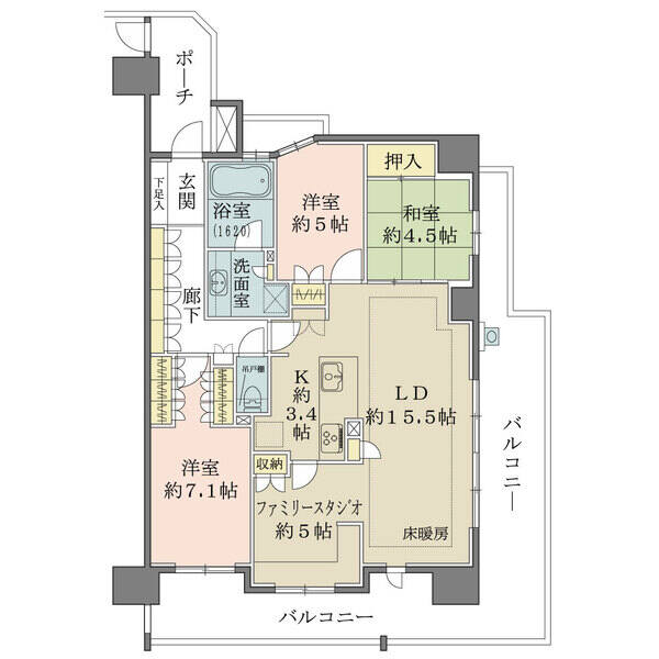 陽当りの良い南向き角住戸。開放感のある引き回しバルコニーが備わっています。全居室など随所に収納有り。