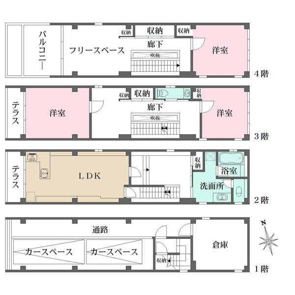 2階に水回りが集約されており、家事動線良好。1階の倉庫や廊下収納など、収納豊富な間取りです。