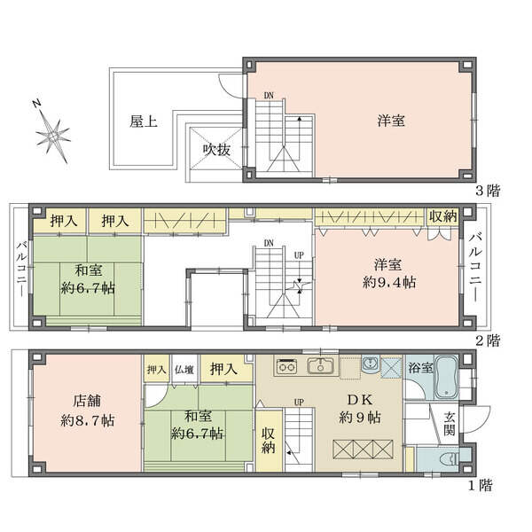 全居室6帖以上の広さ。3階に開放感のある屋上付き。1階店舗部分は多用途にご活用いただけます。