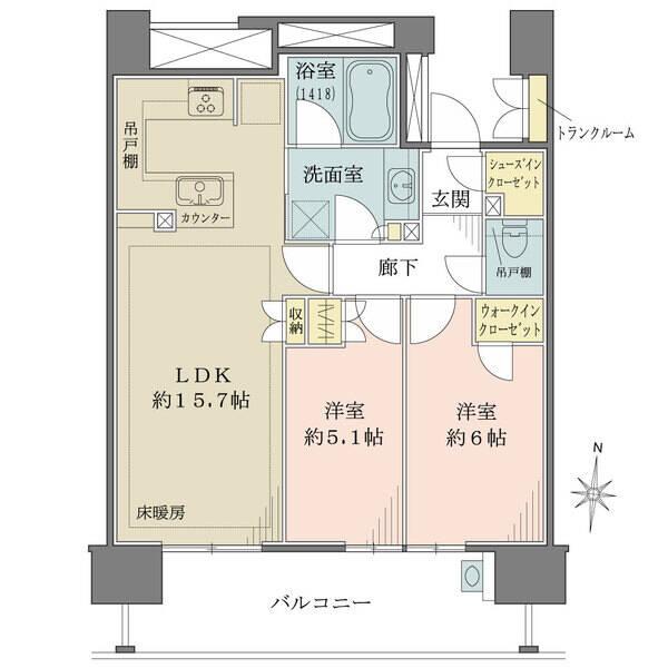全居室が南向きバルコニーに面し、陽当り良好。廊下部分が少なく、ゆとりある住空間が確保されています。
