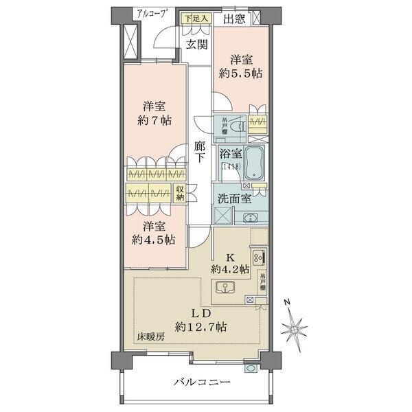 南・北の2面に開口部があり、陽当り・通風良好です。全居室に収納有。独立性が高いアルコーブ付きです。