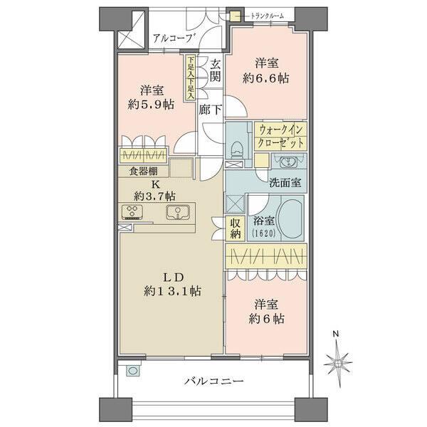 北・南の2面に開口部があり、陽当り・通風良好です。全居室に収納有。独立性が高いアルコーブ付きです。