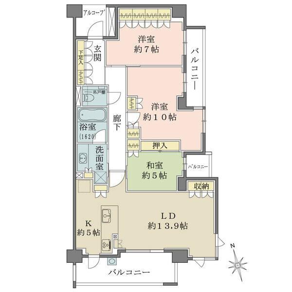 南・東2面3箇所のバルコニー付きで陽当り・通風良好。全居室に収納有。独立性が高いアルコーブ付きです。