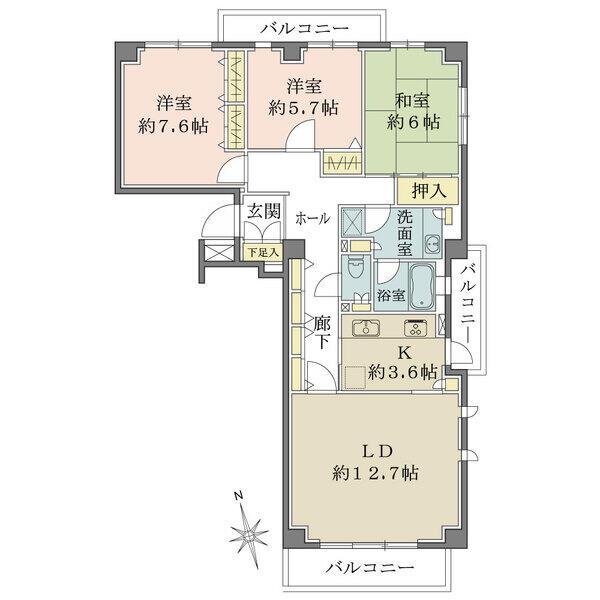 陽当り・通風良好な南向き、3面バルコニー付き角住戸。キッチンは2WAYアクセス。随所に収納有り。