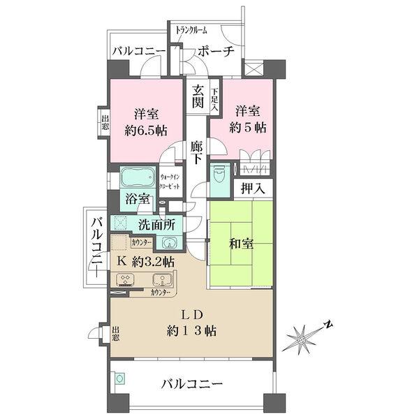 3面バルコニー付きで通風良好な南東向き角住戸。和室は2WAY動線。玄関ポーチにトランクルーム有り。