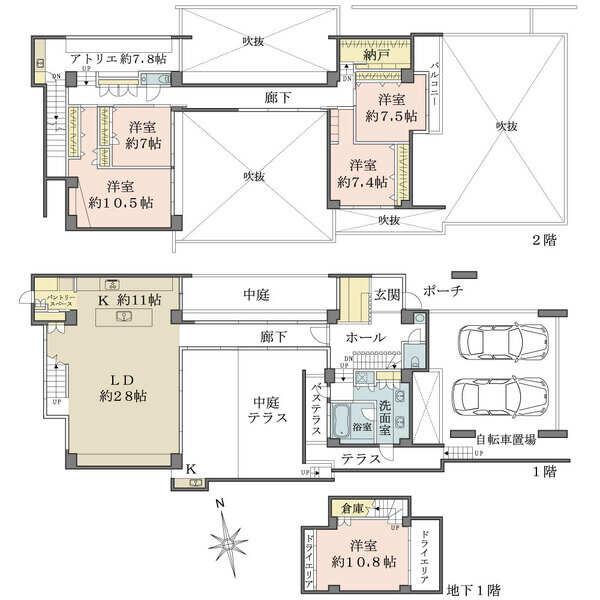 約39帖のLDKはアウトドアリビングとしても利用できる中庭に隣接。開口部が多く開放感ある住まいです。