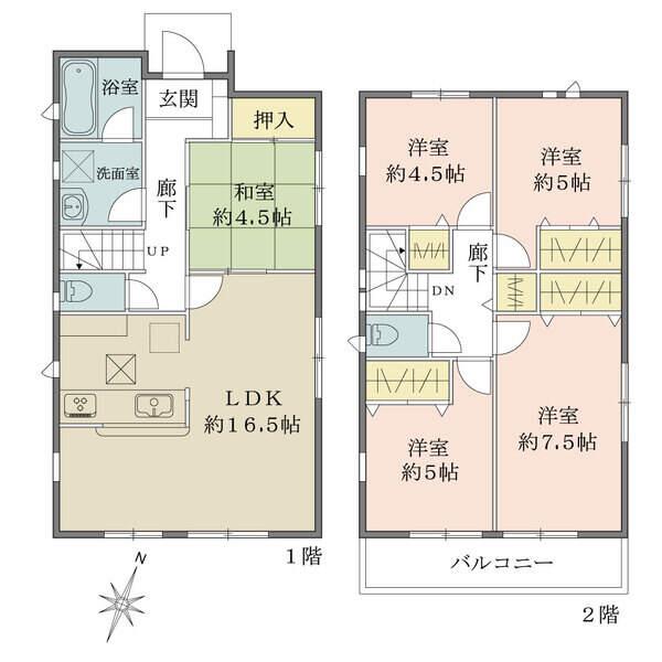 開口部が多く確保された陽当り・通風良好な間取り。各和洋室に収納有。お車2台駐車可能(車種による)。
