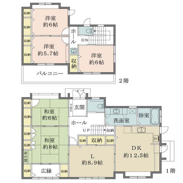 LDK合わせて約21.4帖。洗面台とトイレは各階に有り。全居室収納有り。庭・バルコニー付きの住まい。