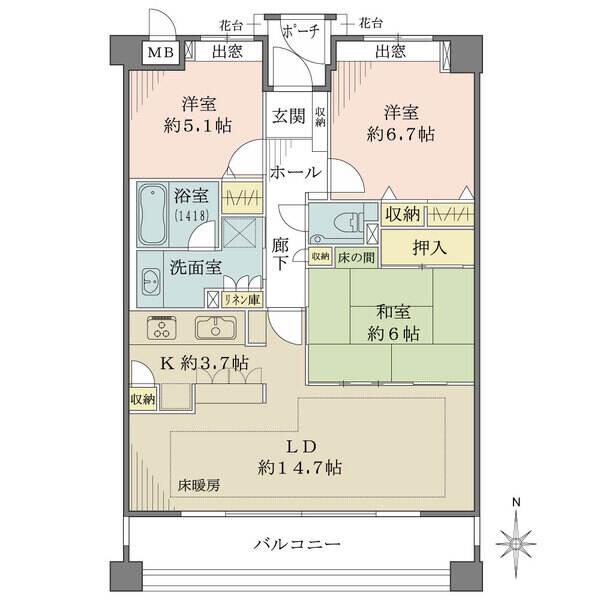 3階部分、南向きのワイドスパン。和室を開放すると、LDと合わせ約20.7帖の空間になります。