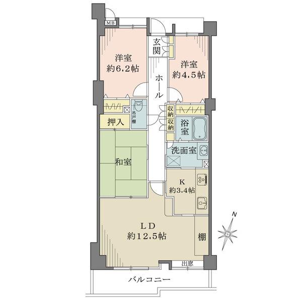 LDは約12.5帖の広さ。南向きにつき、陽当り良好です。キッチンは、LDと洗面室の2WAY仕様です。