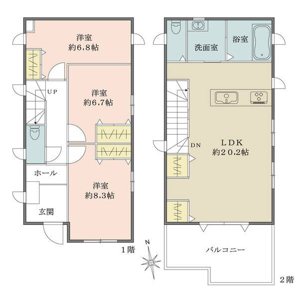 約20.2帖のLDK。南向きのバルコニーに面し、明るく開放的です。全居室に収納が備わっています。