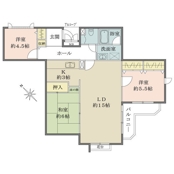 南向きバルコニーが2部屋に面し明るく開放的。LDKと和室合わせて約24帖。各和洋室や廊下に収納付き。