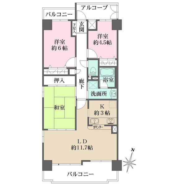 南北2面にバルコニーが備わった角住戸。LDは南向きバルコニーに面しています。各和洋室に収納有り。