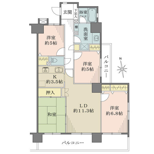 陽当り・通風良好な南向き角住戸。南側・東側の2面バルコニー付きで開放的な住空間です。随所に収納有。