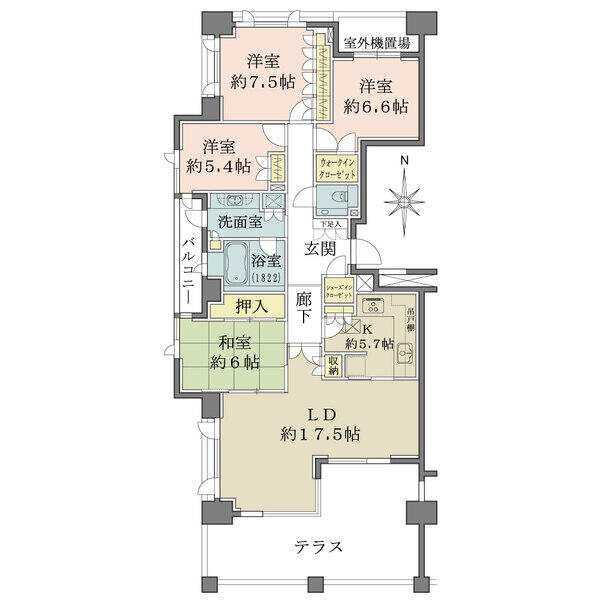 南向きテラスに面するLDは2面採光の開放的な空間。全居室に収納有。浴室はバルコニーに面した窓付き。