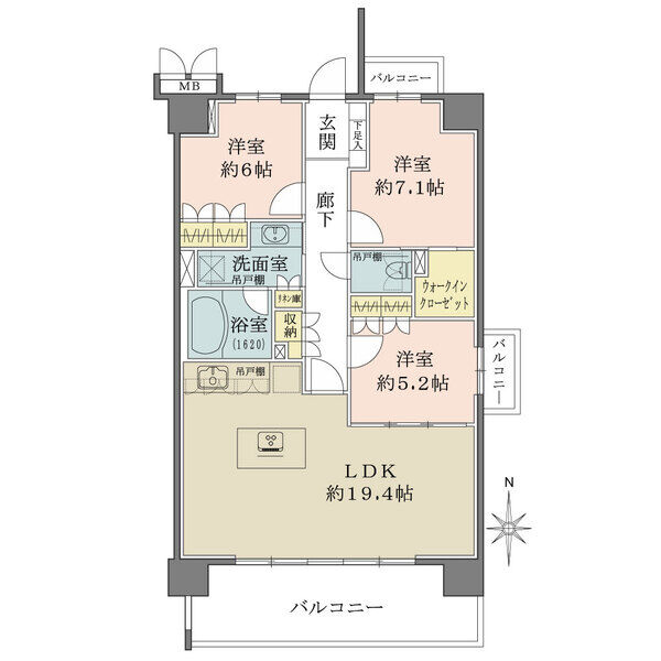 地上9階建ての7階に位置する南東角住戸。眺望・通風良好です。全居室5帖以上。収納スペースが豊富です。