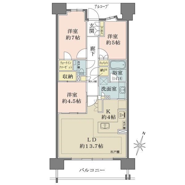陽当り良好な南向き。LDKはゆとりある約17.7帖、隣接の洋室と一体利用も可能です。全居室に収納有。