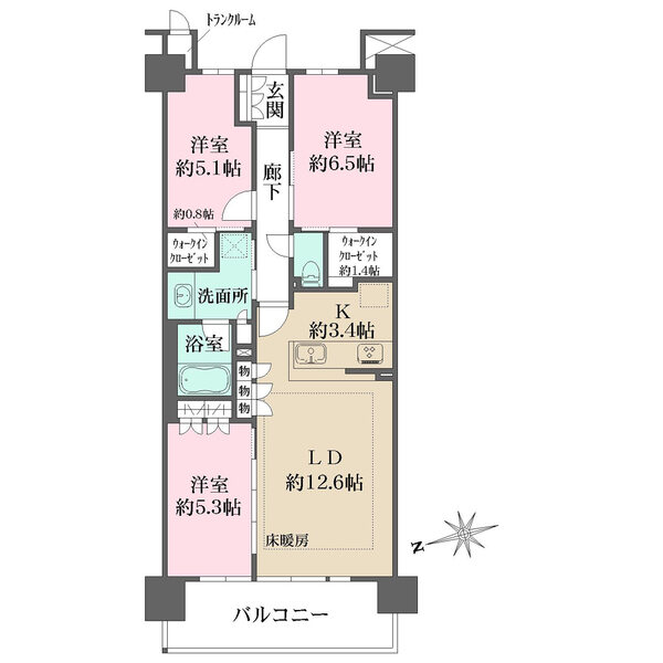 最上階に位置する開放的な住まい。LD部分に床暖房が搭載されています。リビング、各居室に収納あり。