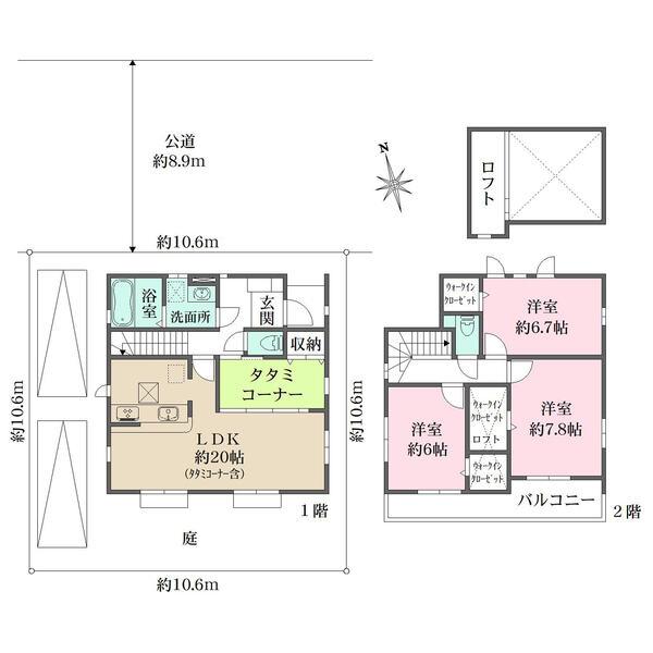 LDKとタタミコーナー合わせて広々約20帖。全居室2面採光以上で、陽当り・通風良好。庭スペースあり。