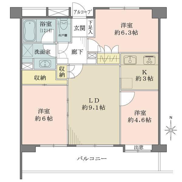 南向きバルコニーに面するLDは約9.1帖、リビング収納有り。住戸の独立性が高まる玄関アルコーブ付き。