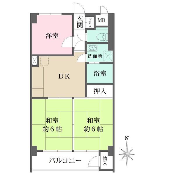 5階建4階部分、南向き住戸。ご家族団らんのDKを中心に、和室2室・洋室1室が配された間取りです。