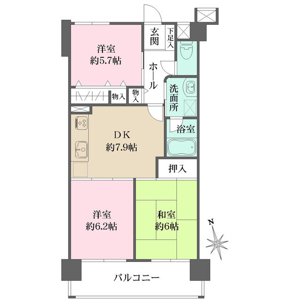 3階部分。南西向きバルコニーが2室に面し、陽当り・通風良好です。全居室5.7帖超の広さです。