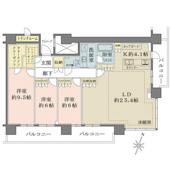 ゆとりの広さと豊富な収納が確保された住まい。南東・北東側2面にバルコニーが備わった角住戸です。