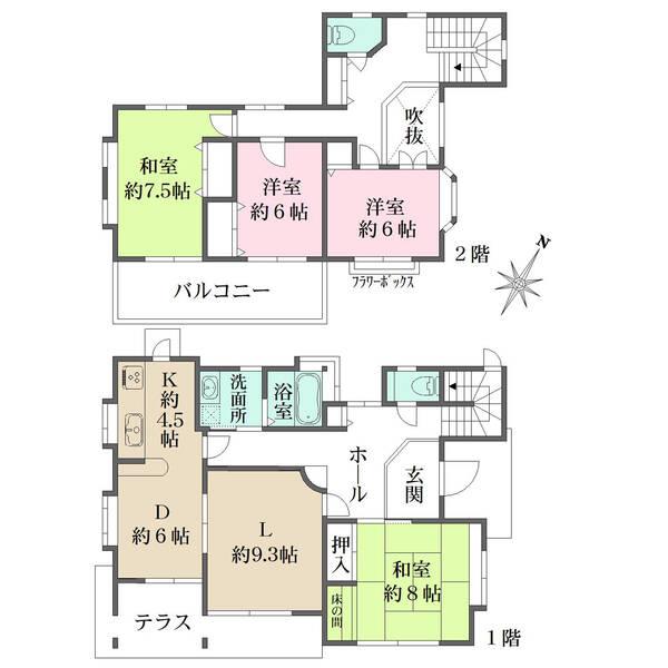 木造セメント瓦葺2階建のオール電化住宅。全居室南東向き×全居室6帖以上の明るく開放的な間取りです。