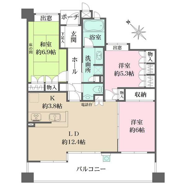 洋室2部屋はLDKから出入りができ、コミュニケーションが取りやすい間取り。収納豊富な住まいです。