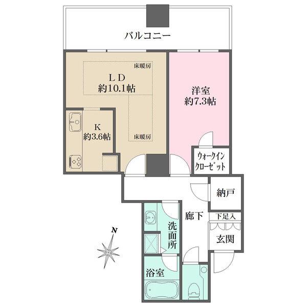 通風良好な北向き住戸。LDには床暖房付き。ウォークインクローゼットや納戸など、収納が充実しています。
