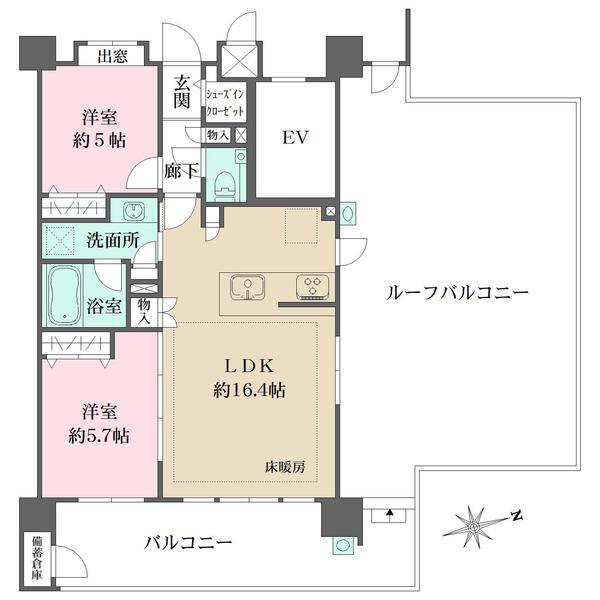 開放感のある角住戸。LDは床暖房搭載。全居室に収納有り。バルコニーは備蓄倉庫・スロップシンク付き。