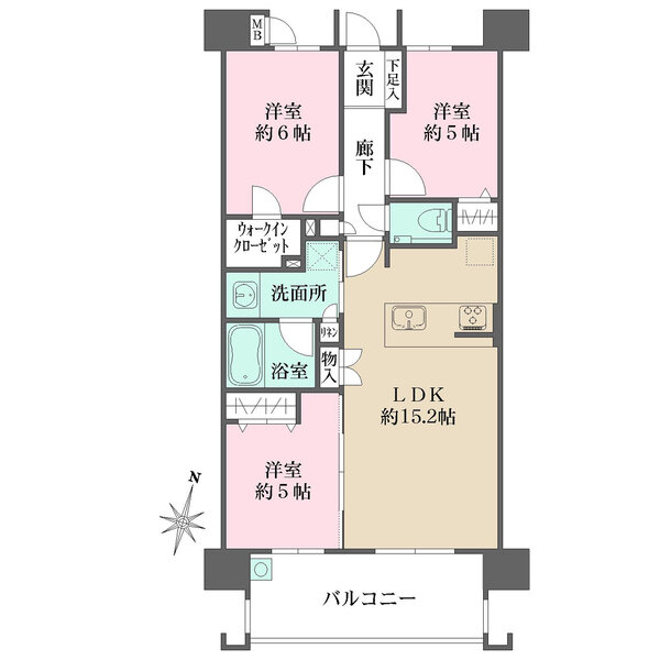 5階部分、南向きの3LDK＋WICの間取りです。LDには床暖房がございます。