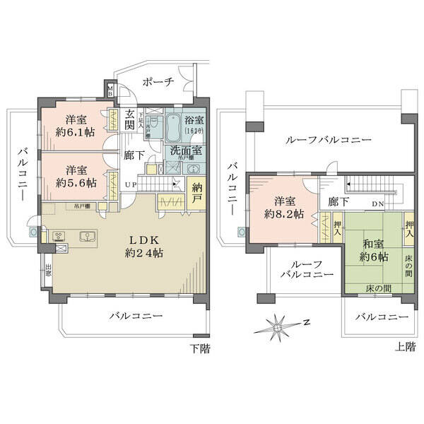 最上階、メゾネットタイプの東南角住戸