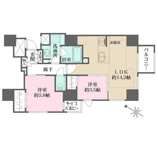 陽当り・通風良好な、南東・南西角住戸。LDKを含む2室は2面採光設計です。各洋室に収納有り。