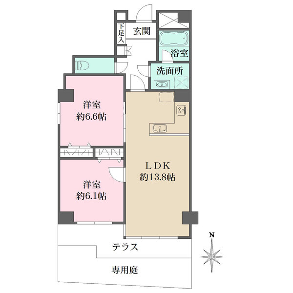 約6.6帖の洋室は、キッチンで作業している際も目配りしやすい間取りです。各洋室は収納付きです。