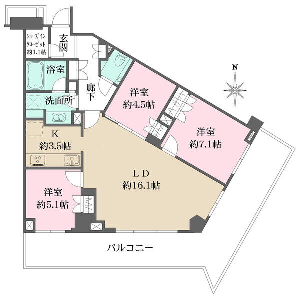 バルコニーに面したLDは約16.1帖の広さ。陽当り・通風・眺望に恵まれた角住戸。各洋室に収納有り。