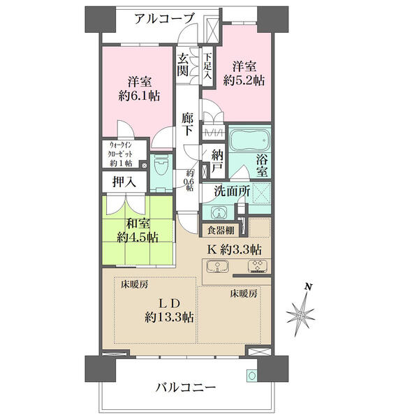LD部分は2面床暖房搭載。ウォークインクローゼットや納戸など、収納豊富。玄関はアルコーブ付きです。
