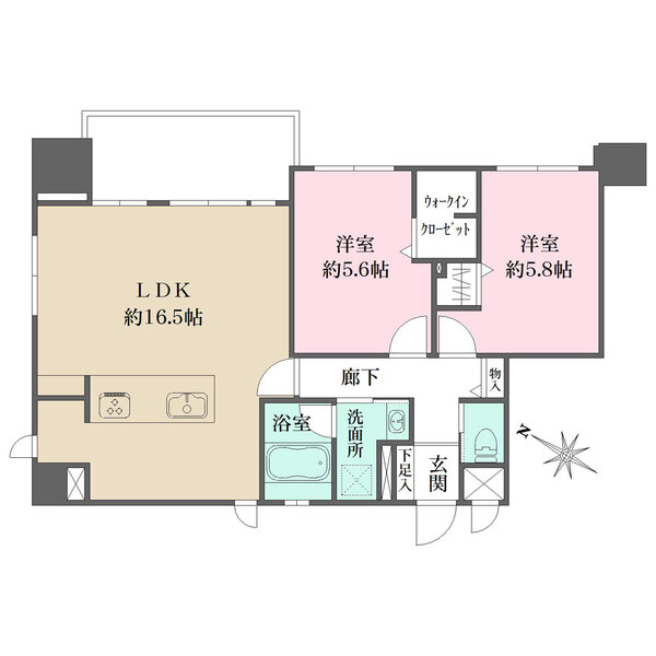 3階部分、北東向き、2LDK＋WICの間取りタイプです。