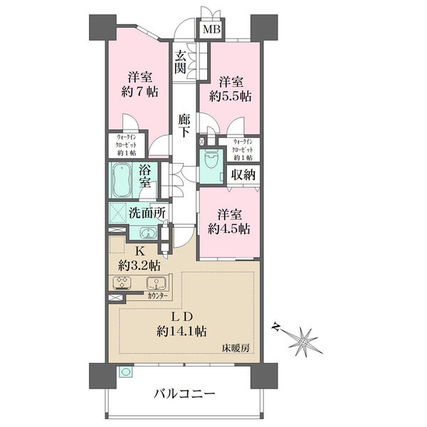陽当り・通風良好な10階南西向き住戸。各洋室にウォークインクローゼット付き、廊下・洗面所にも収納有。